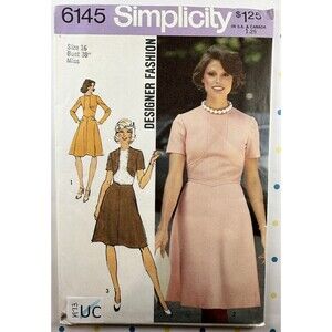 Vtg 70s Simplicity 6145 Women's Dress Sewing Pattern Flared Skirt Uncut Sz 16